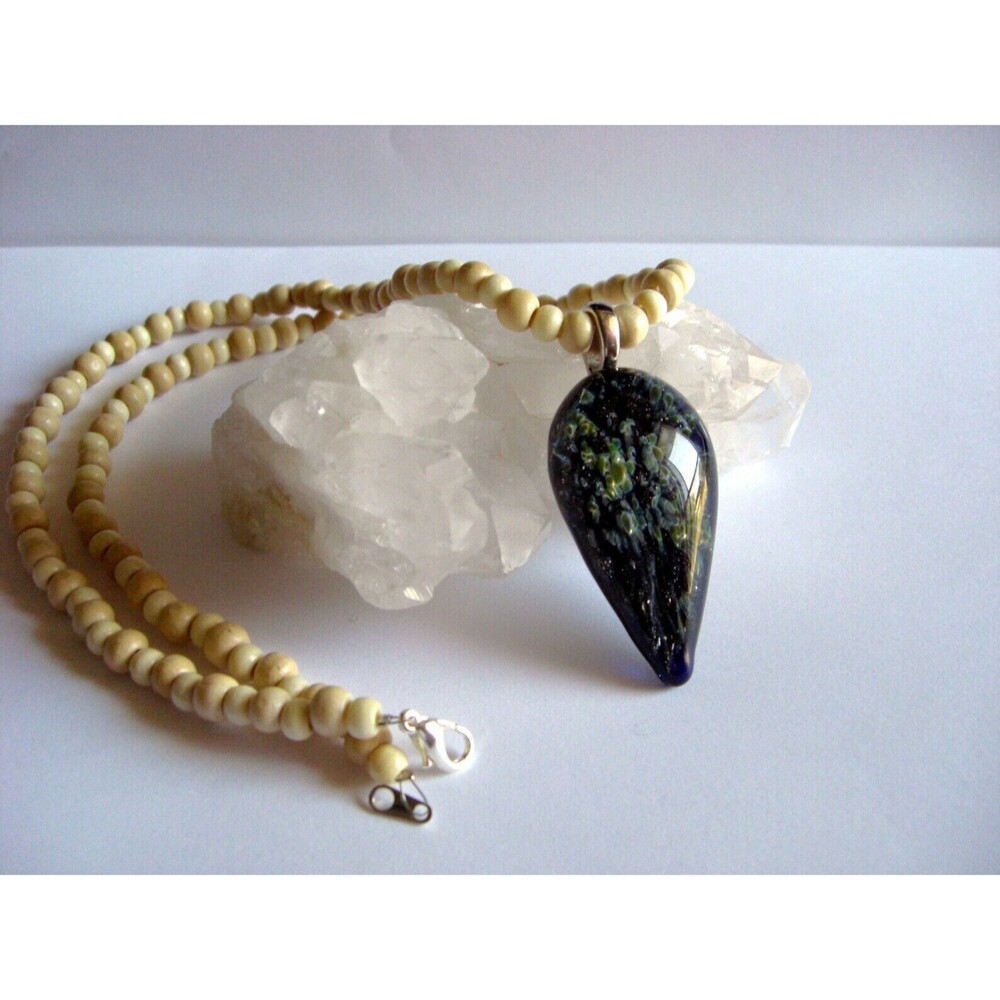 Boro Art Glass Pendant On 19" Wooden Bead Necklace Boho Style Artisan Made 2008 - Picture 2 of 14
